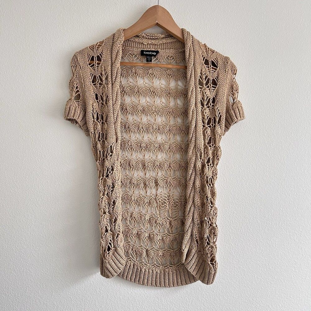 VTG Y2K Bebe Open Knit Short Sleeve Cardigan Tan Size S
